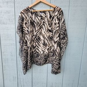 Talbots 100% Silk Zebra Print Kaftan Blouse sz S/M Black Brown Beach Luxury